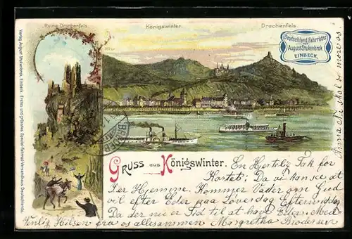 Lithographie Königswinter, Panoramaansicht der Stadt mit Drachenfels, die Ruine Drachenfels