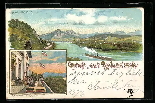 Lithographie Rolandseck, auf der Bahnhof Terrasse mit Blick auf den Rhein im Tal