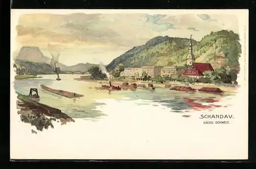 Lithographie Schandau in der Sächsischen Schweiz, Panorama der Stadt mit der Kirche vom Flussufer aus