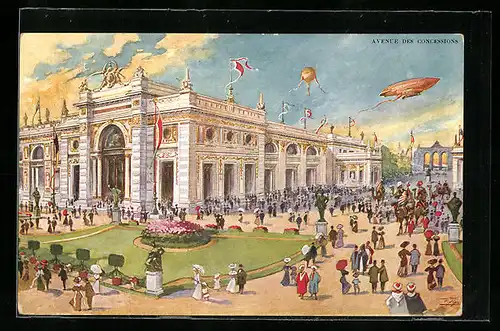 AK Bruxelles, Exposition Universelle et Internationale 1910, Avenue des Concessions, Zeppelin