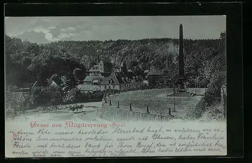 Mondschein-AK Mägdesprung / Harz, Teilansicht mit Ehrenmal