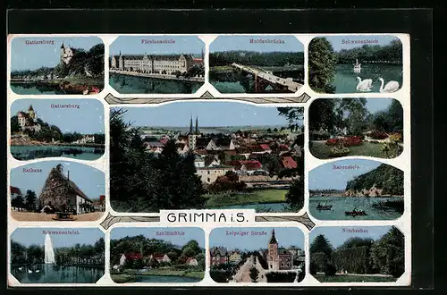 AK Grimma i. S., Fürstenschule, Muldenbrücke, Schiffmühle