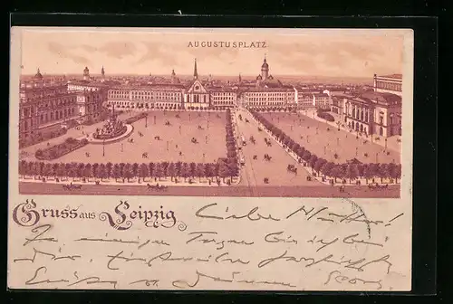 Lithographie Leipzig, Augustusplatz aus der Vogelschau