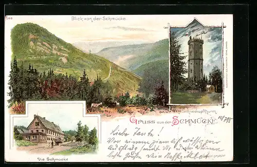 Lithographie Gehlberg, Gasthaus Schmücke, Schneekopfturm, Panorama