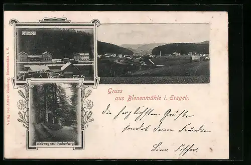 AK Bienenmühle i. Erzgeb., Bahnhof, Waldweg nach Rechenberg, Gesamtansicht
