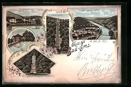 Lithographie Bad Ems, Kurhaus, Malbergbahn, Kaiser Wilhelm I. Denkmal, Stationshaus