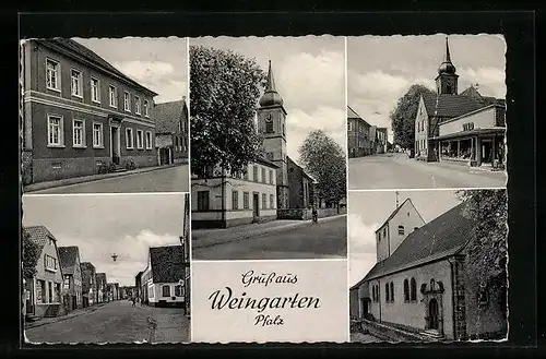 AK Weingarten / Pfalz, Kirche, Gemischtwaren Fritz Schweder