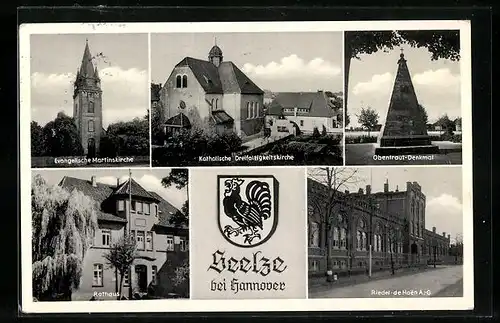 AK Seelze / Hannover, Riedel-de Haen AG, Rathaus, Dreifaltigkeitskirche, Wappen