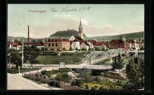 AK Tuttlingen, Ortspartie mit Brücke und Kirche