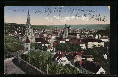 AK Esslingen am Neckar, Generalansicht der Stadt mit der Stadtkirche