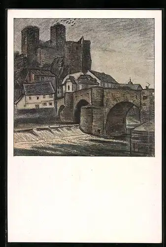 Künstler-AK Runkel a. L., an der Brücke vor der Burg