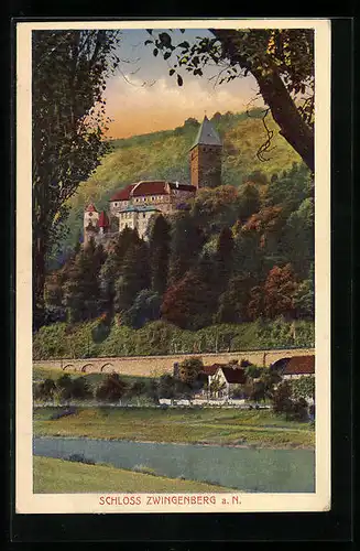 AK Zwingenberg a. N., Blick vom Ufer hinauf zum Schloss