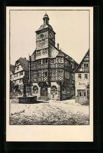 Künstler-AK Heppenheim a. Bergstrasse, auf dem Marktplatz
