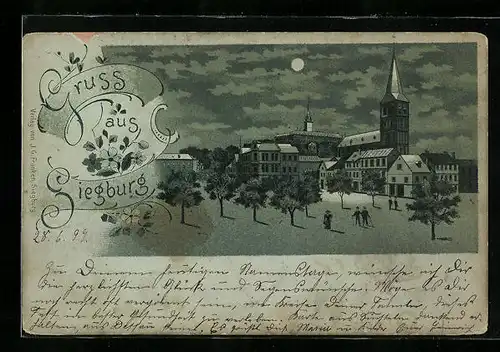 Mondschein-Lithographie Siegburg, Platz mit Kirche aus der Vogelschau