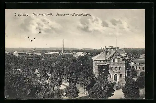 AK Siegburg, Geschossfabrik und Feuerwerks-Laboratorium aus der Vogelschau