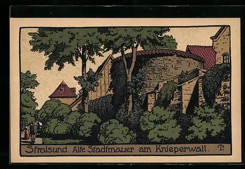 Steindruck-AK Stralsund, Alte Stadtmauer am Knieperwall