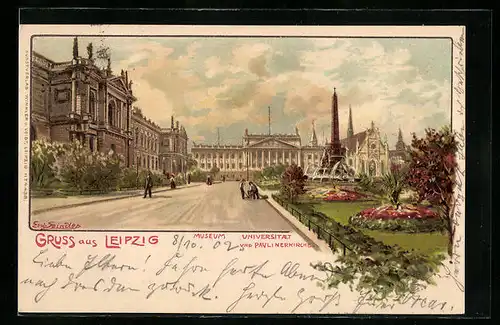 Künstler-AK Erwin Spindler: Leipzig, Museum, Universität und Paulinerkirche