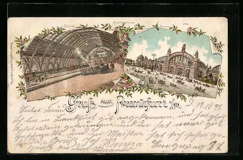 Lithographie Frankfurt a. M., Hauptbahnhof, Aussen- und Innenansicht
