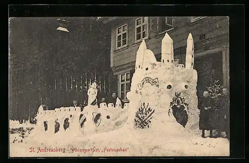 AK St. Andreasberg, Wintersportfest, Eisplastik Festungsbau mit Publikum