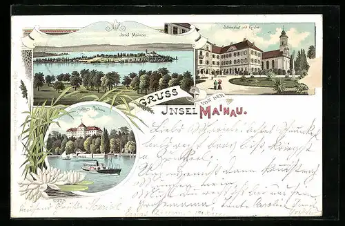 Lithographie Insel Mainau, Gesamtansicht, Schlosshof mit Kirche