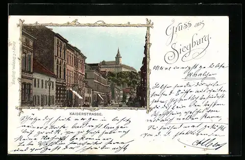 AK Siegburg, Kaiserstrasse mit Häuserfassaden und Blick auf Abtei