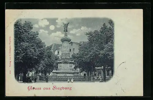 Mondschein-AK Siegburg, Denkmal mit Besuchern