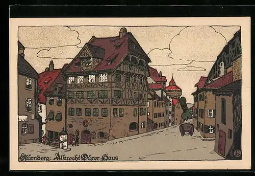Steindruck-AK Nürnberg, Albrecht Dürer-Haus mit Litfasssäule