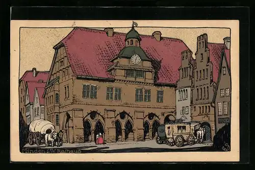 Steindruck-AK Minden i. W., Kutschen am Rathaus