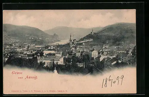 AK Aussig, Ortsansicht mit Bergen aus der Vogelschau