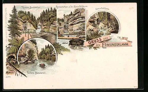 Lithographie Edmundsklamm, Restaurant in der Klamm, Hintere und Vordere Bootstation