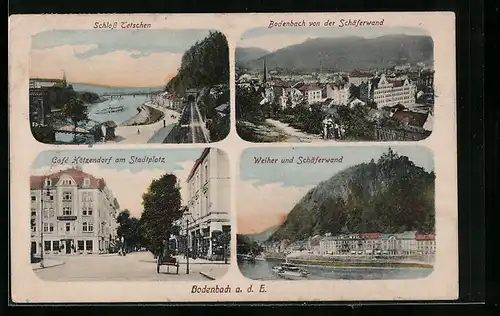 AK Tetschen-Bodenbach / Decin, Schloss Tetschen mit Schäferwand, Stadtplatz und Bodenbach-Weiher