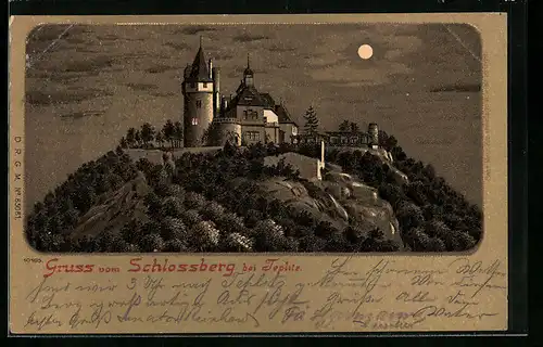 Lithographie Teplitz Schönau / Teplice, Schlossberg bei Nacht