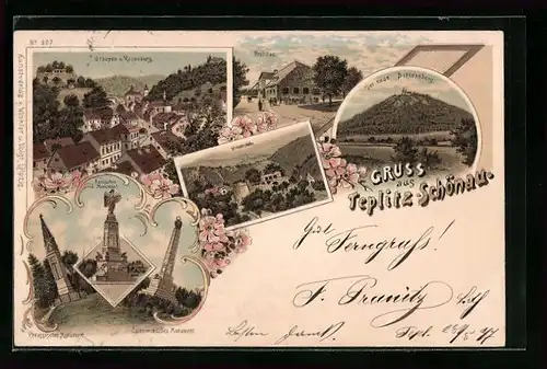 Lithographie Teplitz Schönau / Teplice, Russisches Monument, Graupen und Rosenburg, Probstau, Schlossberg, Wilhelmshöhe