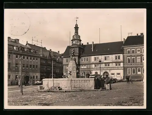 AK Eisenach, Marktplatz mit Schloss, Rathaus und Georgenbrunnen