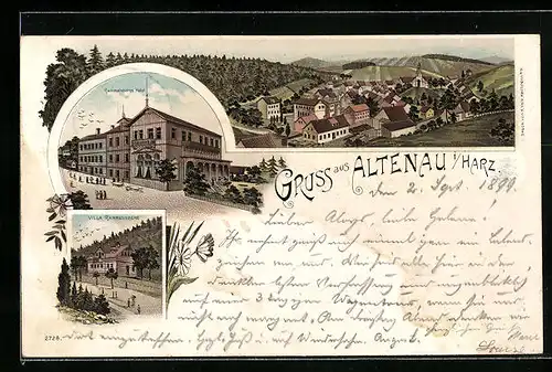 Lithographie Altenau /Harz, Rammelsbergs Hotel, Villa Rammelsberg, Gesamtansicht