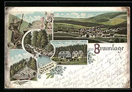 Lithographie Braunlage, Ferienheim Wortmanns Gynasiasten und Familienpensionat, Gesamtansicht, Wandersfrau