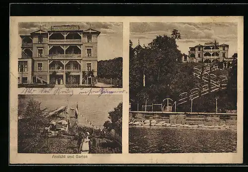 AK Sassnitz /Rügen, Pension Meeresgruss M. Koch mit Treppe zum Wasser und Seeblick