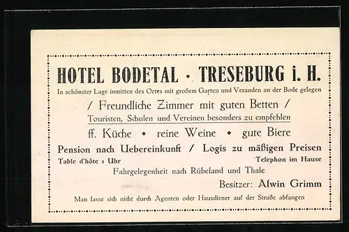 AK Treseburg /Bodetal, Hotel Bodetal A. Grimm mit Strasse und Garten