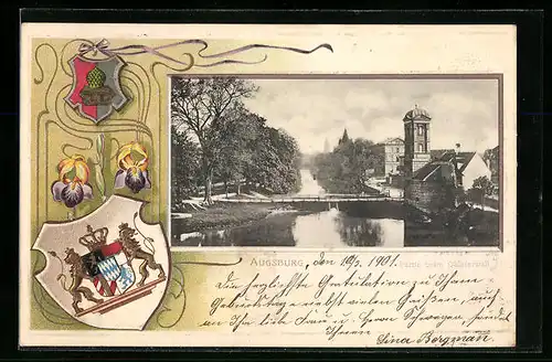 Passepartout-Lithographie Augsburg, Partie beim Oblaterwall, Wappen