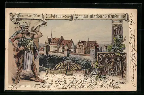 AK Nürnberg, 50jähriges Jubiläum des german. National-Museums 1902, Museum, Germane, Wappen, Festpostkarte