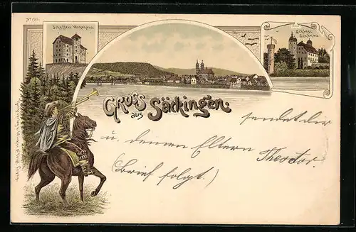 Lithographie Säckingen, Trompeter, Wohnhaus Scheffel, Ortspanorama