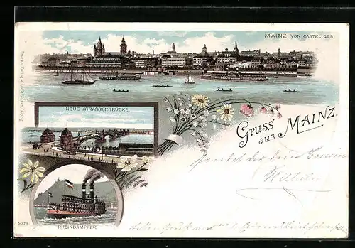 Lithographie Mainz, Neue Strassenbrücke, Rheindampfer, Panorama von Castel gesehen