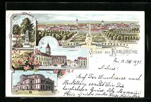 Lithographie Karlsruhe, Ortsansicht mit Schlossanlagen, Kriegerdenkmal, Marktplatz