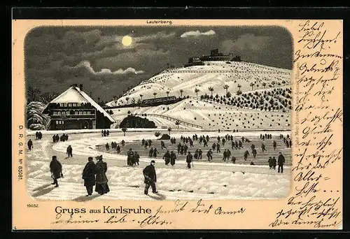 Winter-Lithographie Karlsruhe, Lauterberg mit Eisbahn bei Vollmond