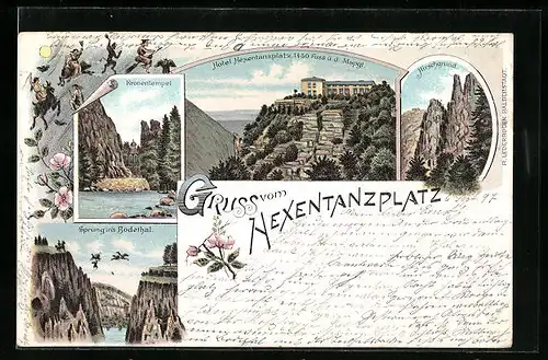 Lithographie Thale i. Harz, Hotel Hexentanzplatz, Hirschgrund, Sprung ins Bodethal