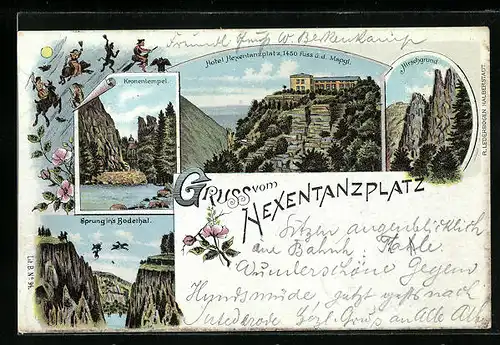 Lithographie Thale i. Harz, Hotel Hexentanzplatz, Hirschgrund, Sprung ins Bodethal