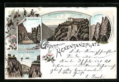 Lithographie Thale i. Harz, Hotel Hexentanzplatz, Hirschgrund, Sprung ins Bodethal