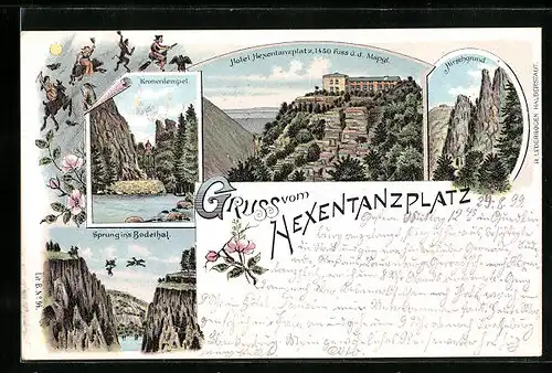 Lithographie Thale i. Harz, Hotel Hexentanzplatz, Hirschgrund, Sprung ins Bodethal