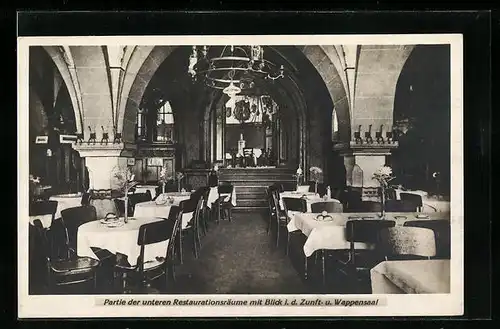 AK Mainz a. Rh., Gasthaus Heilig Geist, Restauratiosräume mit Blick in den Zunft & Wappensaal