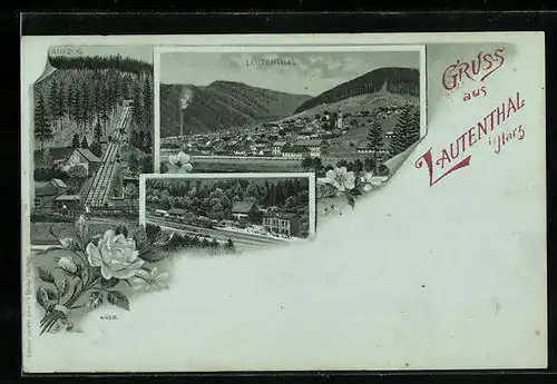 Lithographie Lautenthal i. Harz, Gesamtansicht, Aufzug, Bahnhof